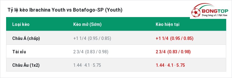 Tỷ lệ kèo Ibrachina Youth vs Botafogo-SP (Youth) tại BongTop