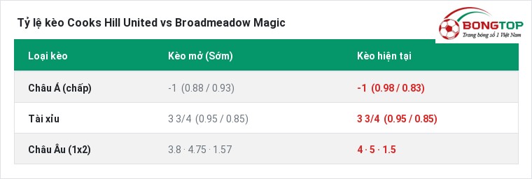 Tỷ lệ kèo Cooks Hill United vs Broadmeadow Magic tại BongTop
