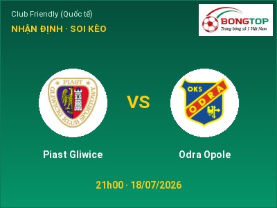 Dự đoán Piast Gliwice vs Odra Opole, 21h00 ngày 18/07: Tỷ lệ kèo Club Friendly (Quốc tế)