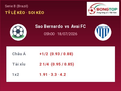 Nhận định Sao Bernardo vs Avai FC, 05h00 ngày 18/07: Soi kèo Serie B (Brazil)
