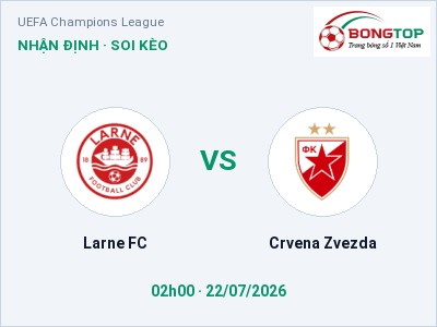 Dự đoán Larne FC vs Crvena Zvezda, 02h00 ngày 22/07: Tỷ lệ kèo UEFA Champions League