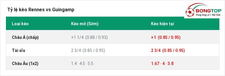 Tỷ lệ kèo Rennes vs Guingamp tại BongTop