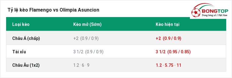 Tỷ lệ kèo Flamengo vs Olimpia Asuncion tại BongTop