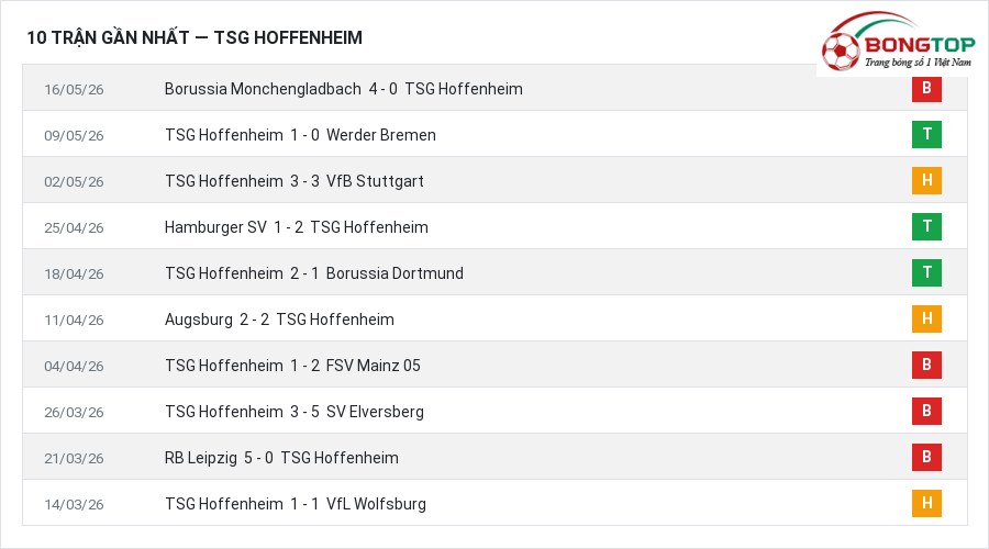 Phong độ TSG Hoffenheim 10 trận gần nhất