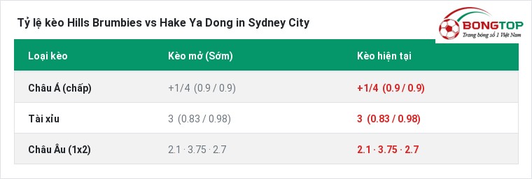 Tỷ lệ kèo Hills Brumbies vs Hake Ya Dong in Sydney City tại BongTop