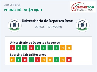Nhận định Universitario de Deportes Reserves vs Sporting Cristal Reserves, 23h00 ngày 18/07: Soi kèo Liga 3 (Peru)