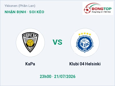 Dự đoán KaPa vs Klubi 04 Helsinki, 23h00 ngày 21/07: Tỷ lệ kèo Ykkonen (Phần Lan)