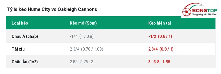 Tỷ lệ kèo Hume City vs Oakleigh Cannons tại BongTop