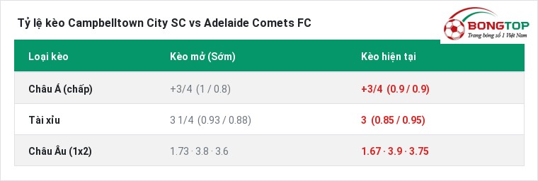 Tỷ lệ kèo Campbelltown City SC vs Adelaide Comets FC tại BongTop